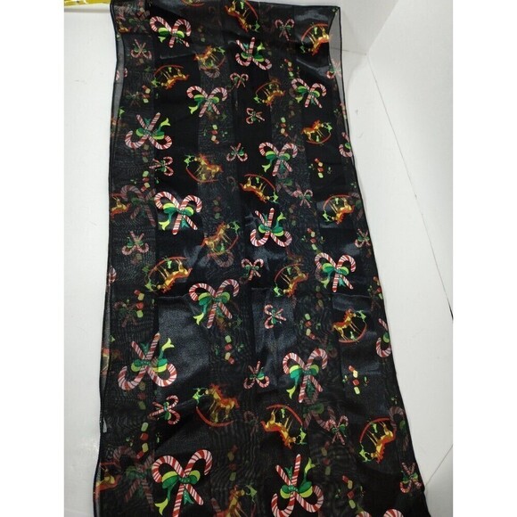 Christmas Scarf Black With Candy canes and Rocking Horses 30 X 12 inches - Picture 7 of 10
